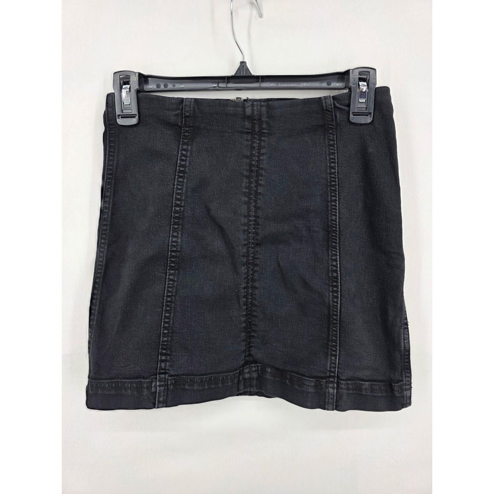 Free People Womens Black Denim Mini Skirt High Waisted Exposed Zip Size 2